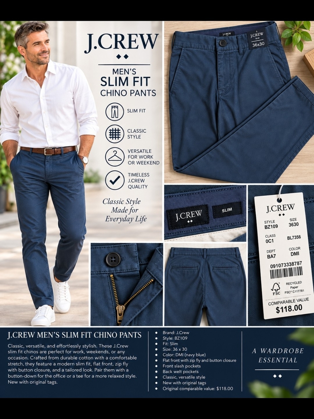 J.Crew Slim Fit Chino Pants - Navy Blue